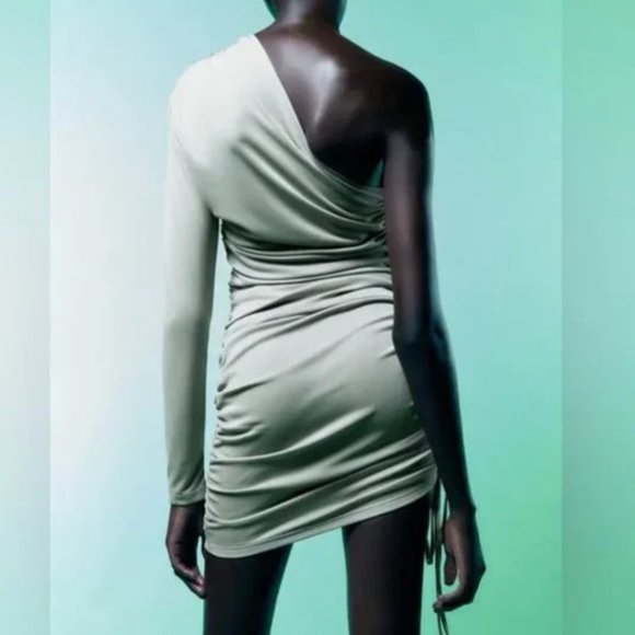 ZARA One Shoulder Asymmetrical Ruched Bodycon Stretch Fully Lined Dress - Picture 7 of 9